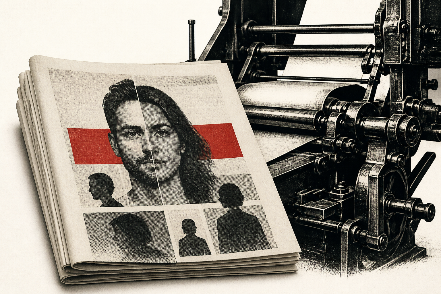 Redactionele illustratie: een gevouwen krant en drukpers als symbool voor de berichtgeving over het genderdebat